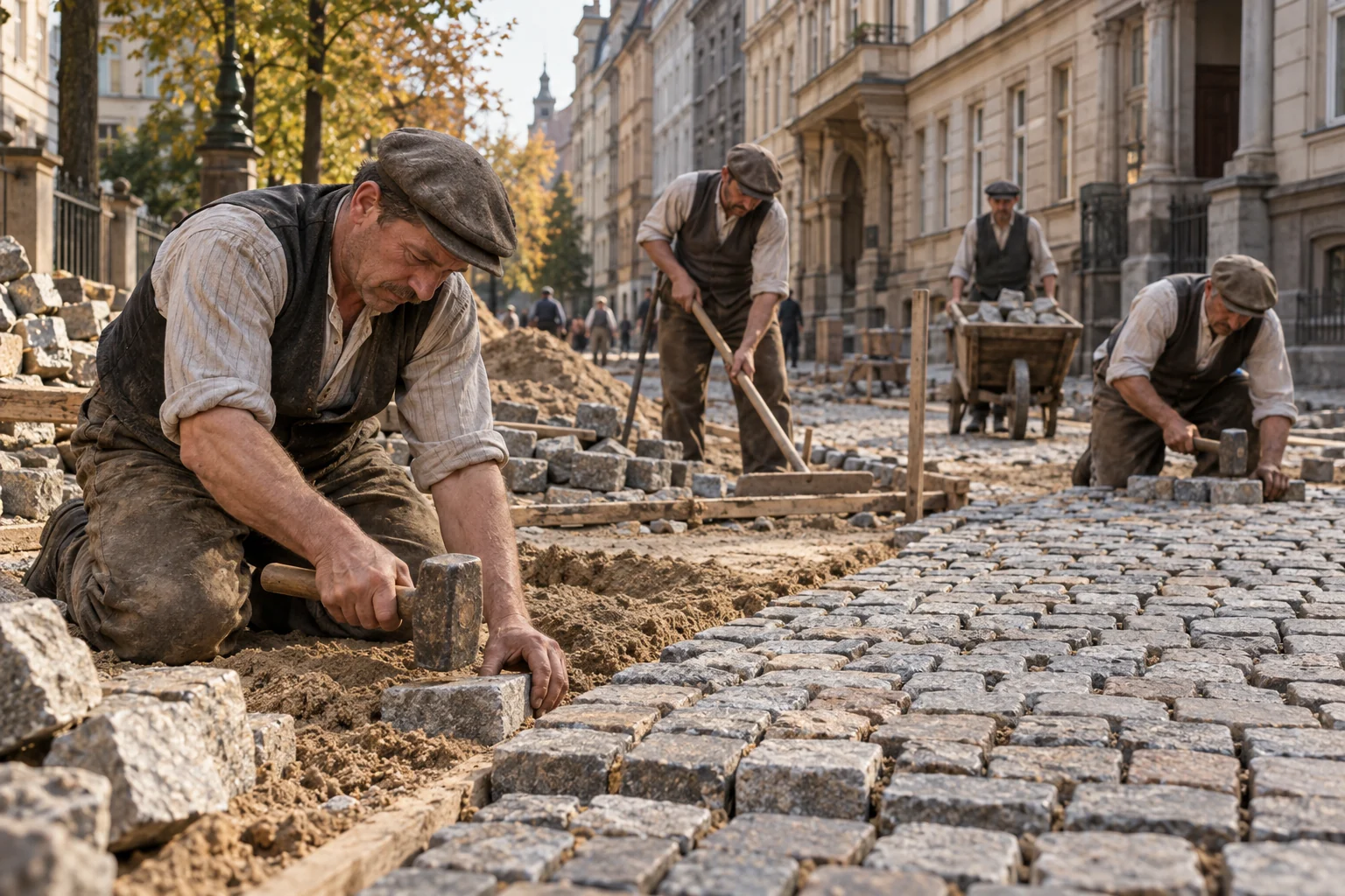Beschäftigungsprogramm beim Pflastern einer Stadtstraße