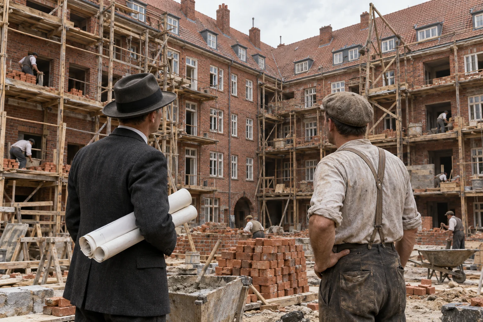 Kommunaler Wohnungsbau mit Architekt und Bauarbeiter